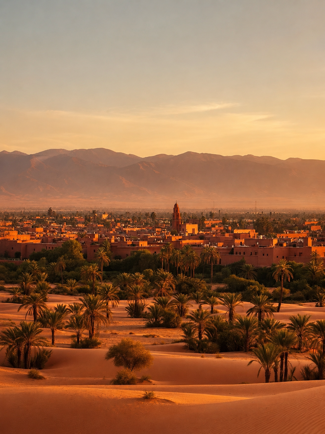 Paysage du Maroc au coucher du soleil avec désert, palmiers et montagnes de l'Atlas